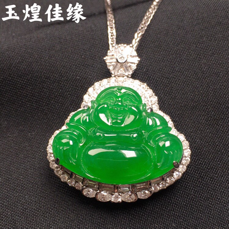 老坑冰种阳绿佛公翡翠吊坠 天然满色玉石戒面 18k金镶嵌南非钻石