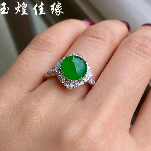 阳绿戒面缅甸天然翡翠蛋面女戒指