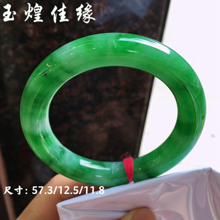 天然缅甸老坑翡翠A货 飘花正阳绿玉石女士手镯 圆条满色玉镯子女