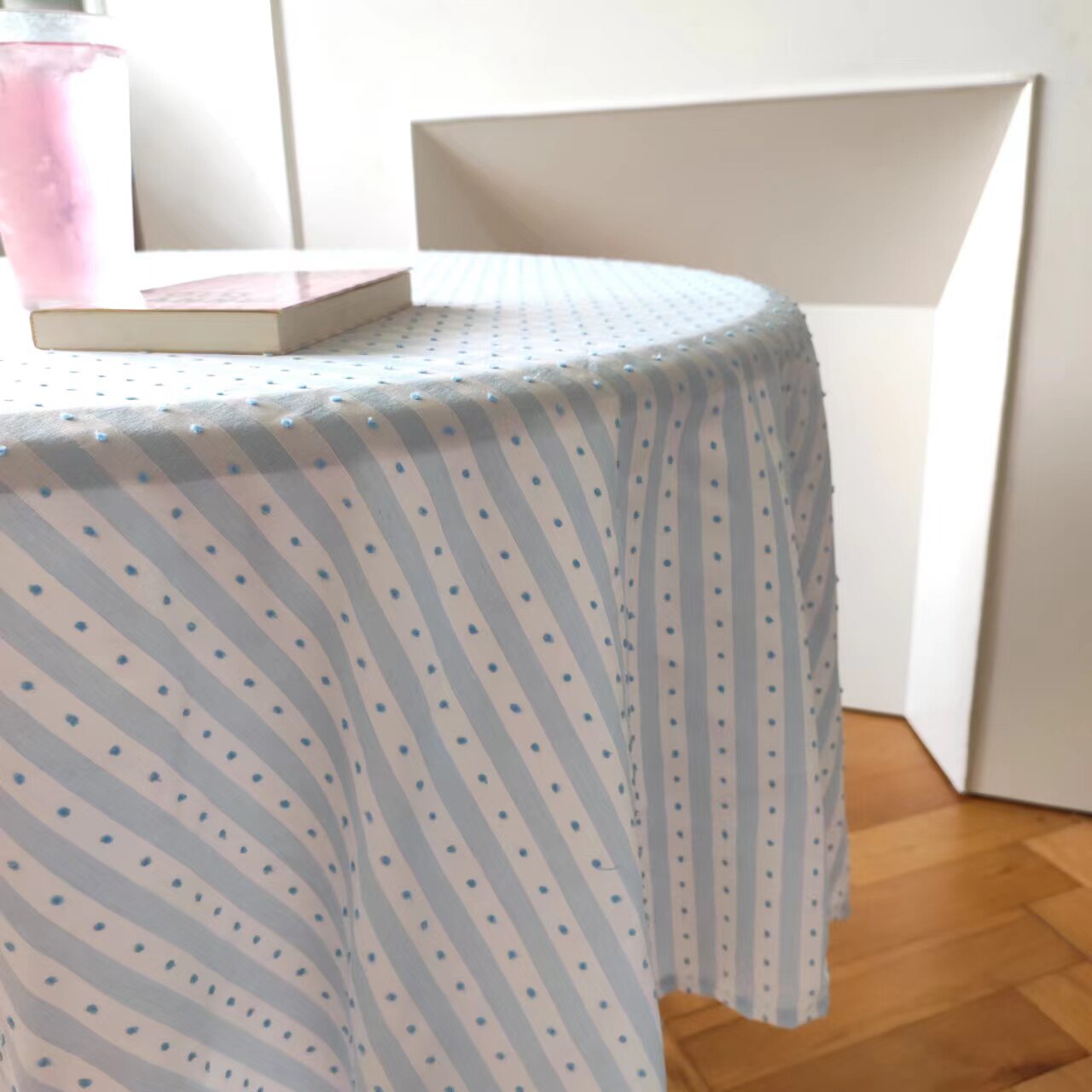 棉棉自制浅蓝色条纹点点桌布野餐垫盖布创意背景布韩式ins风