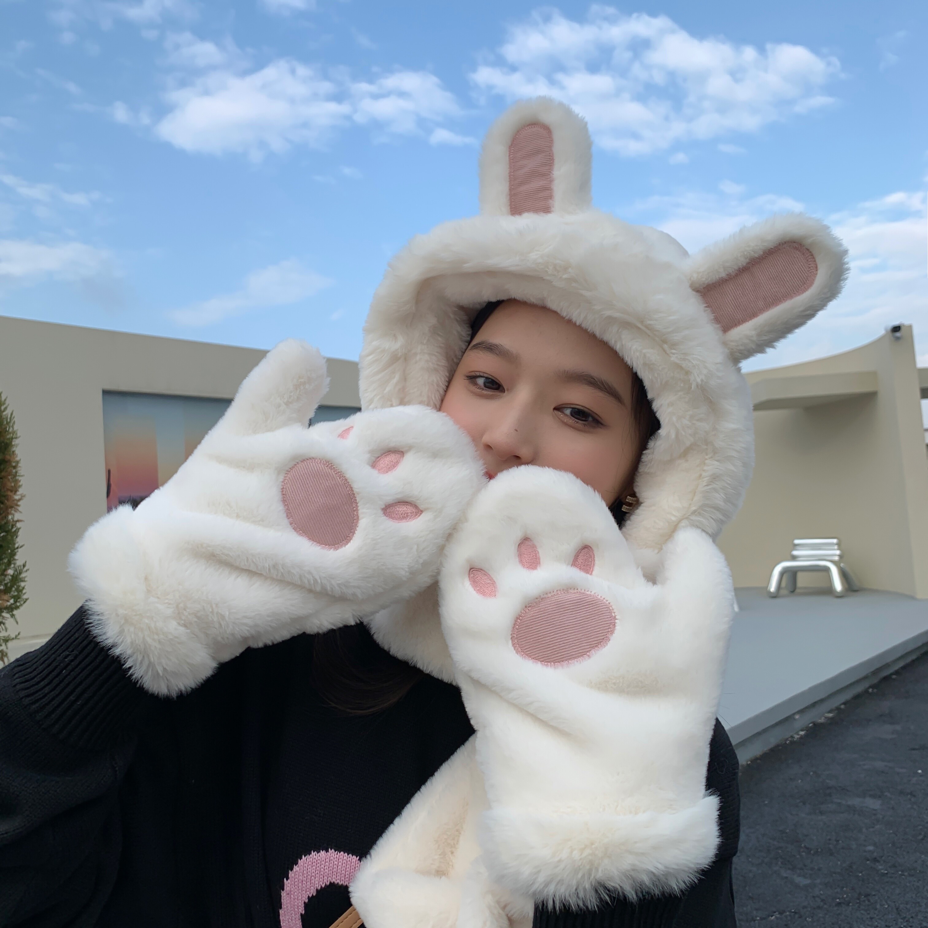 成人帽子三件套女围脖手套一体帽帽子
