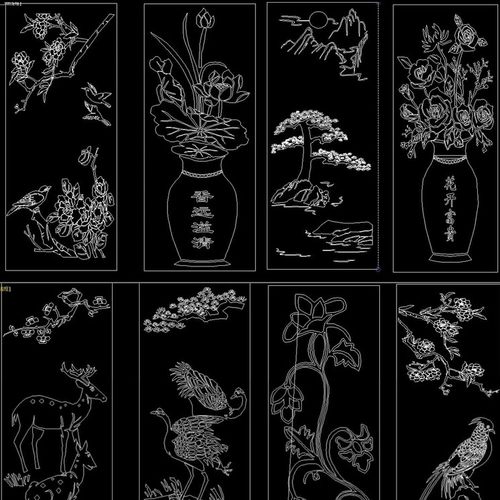 装饰画背景墙字画雕刻图案CAD施工图模块梅兰竹菊花鸟梅花鹿松鹤