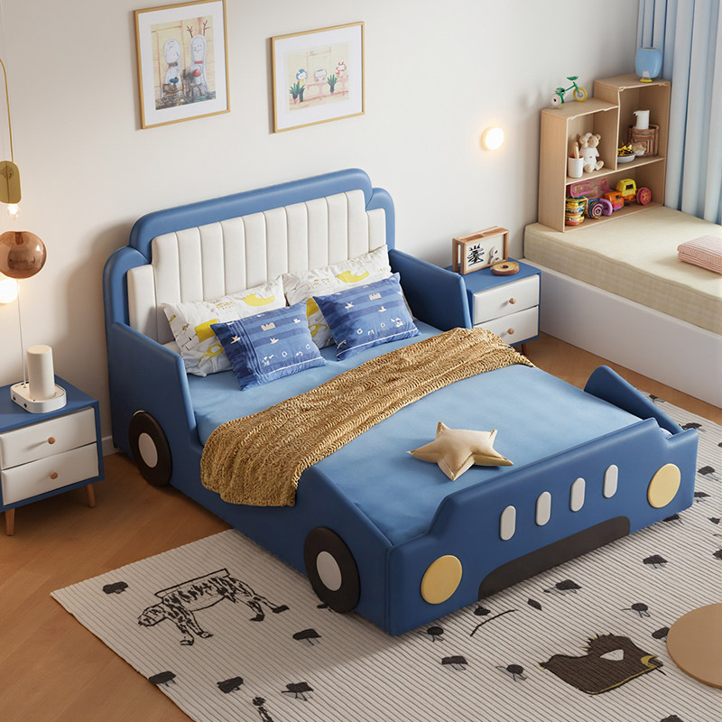 儿童床女孩男孩卧室1.5米卡通床儿童房带围栏实木软包吉吉真皮床