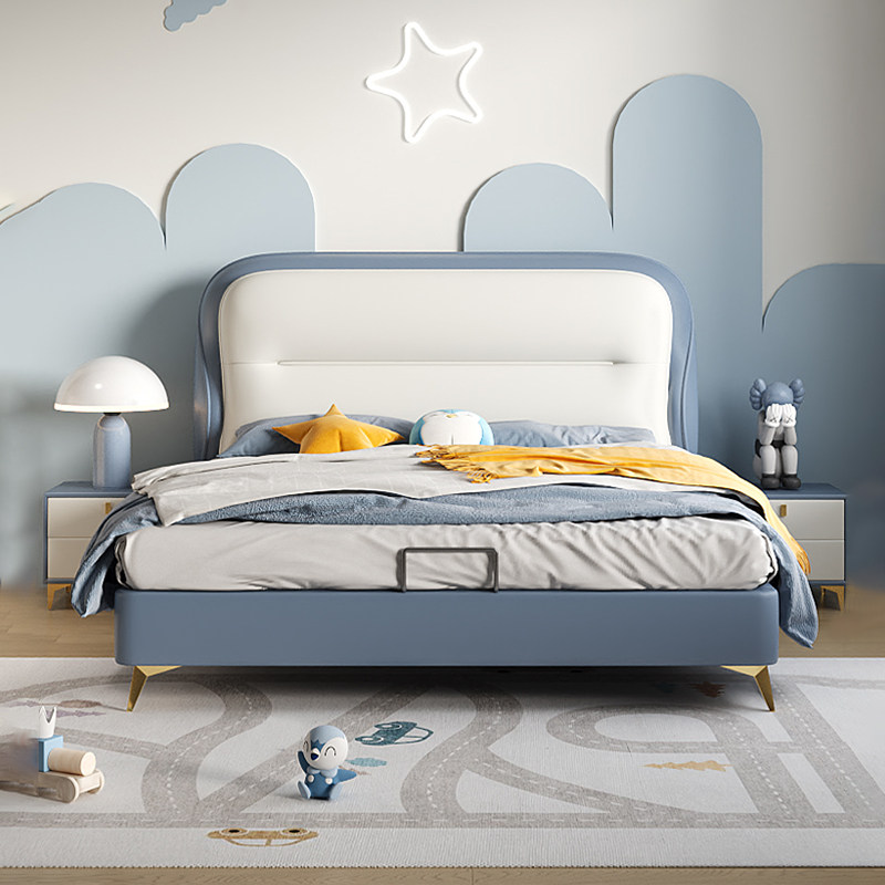 儿童床男孩小户型1米5单人床真皮床卧室男生床青少年床现代简约风