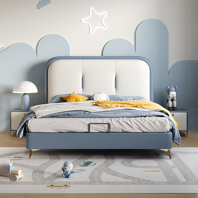 儿童床男孩小户型1.2m单人床真皮床卧室男生床青少年床现代简约