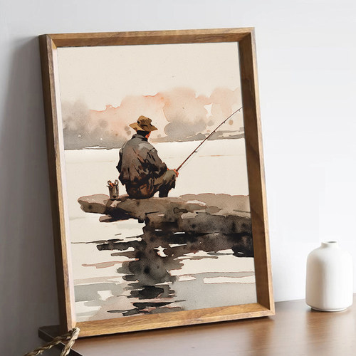 新中式水彩垂钓挂画书房壁画客厅沙发背景墙装饰画桌面摆画钓鱼画