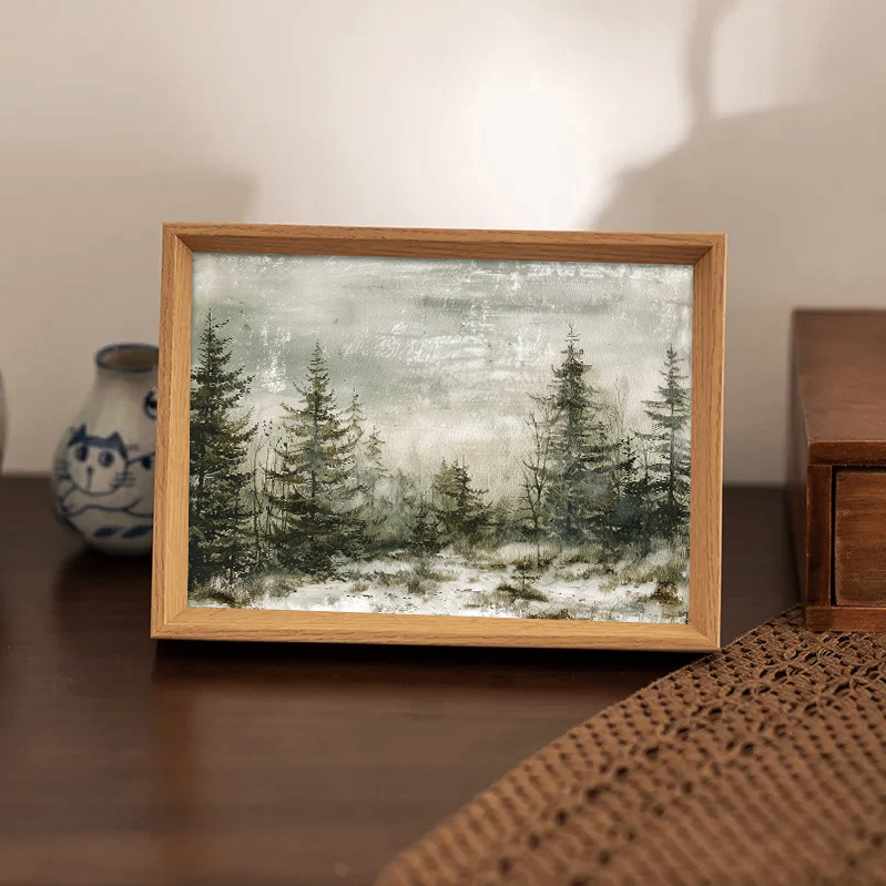 北欧风圣诞树松林冬日雪景风景画客厅沙发背景墙壁宁静治愈装饰画图片