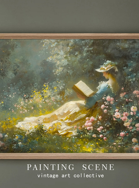 法式复古田园风景画春天花园读书人物文艺风格装饰画墙壁挂画欧式