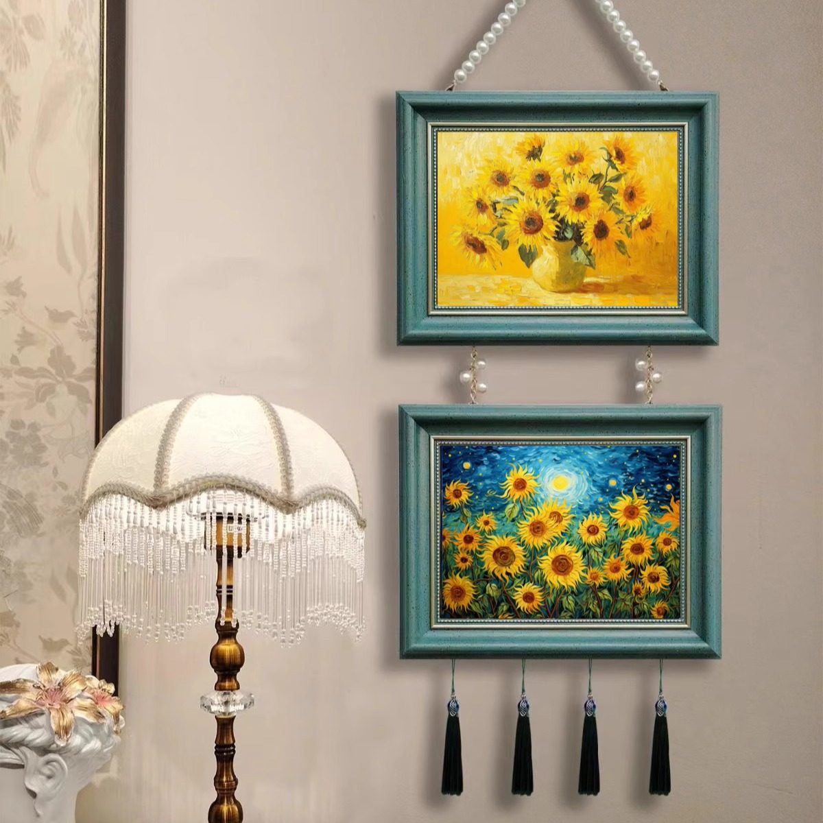 梵高向日葵装饰画珠链美式法式鲜花挂画玄关餐厅客厅卧室沙发壁画,家居饰品,现代装饰画,淘宝优惠券,粉丝福利购,淘宝优惠卷