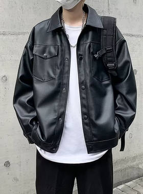 美式hiphop夹克男生春秋季ins潮牌宽松百搭PU皮外套痞帅翻领皮衣