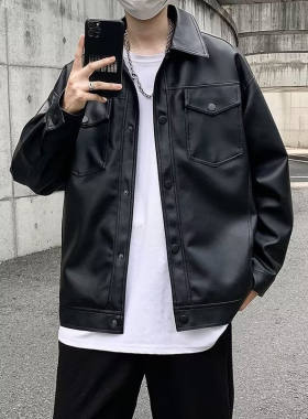 痞帅机车PU皮衣夹克男宽松休闲美式复古派克服重工设计感外套男生