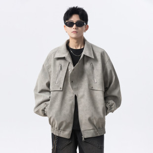 棒球服 潮牌拼接设计飞行员短款 美式 夹克复古扎染皮衣外套男春秋款