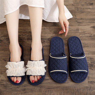 蕾丝花边情侣款家居布底防扰民室内静音男女拖鞋地板地砖四季