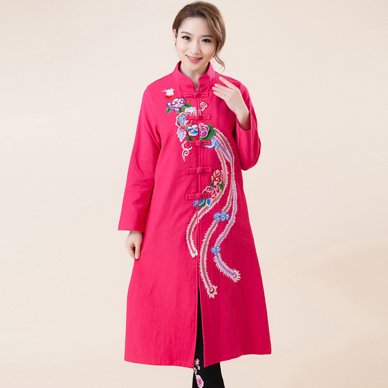 立领刺绣花唐装外套女中式复古民族风上衣妈妈装旗袍式盘扣长风衣