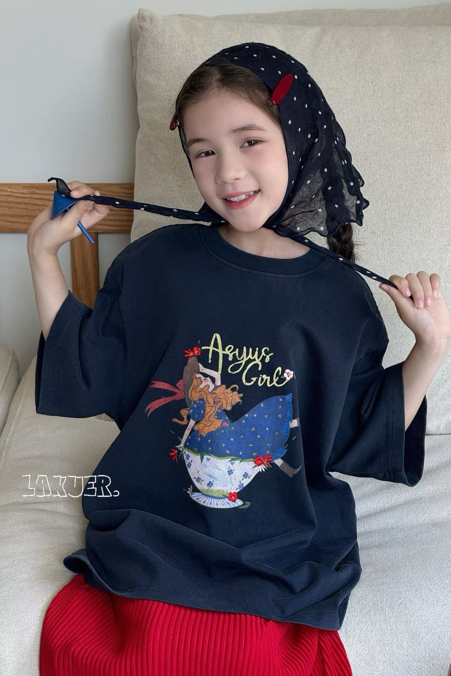 2026夏季新款女童中大童卡通女孩子印花圆领短袖T恤配红色鱼尾裙