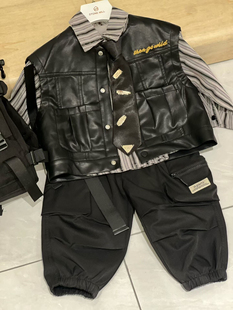 2026春季新款韩版男团风小童皮马甲配条纹衬衫套装休闲裤三件套