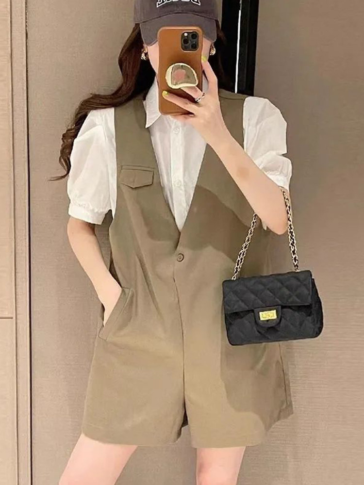 休闲背带短裤套装女欧洲站2024夏季新款欧货百搭工装西装裤两件套
