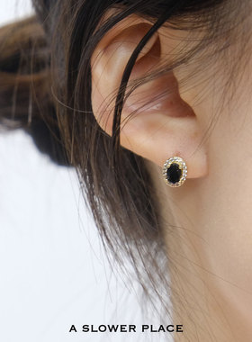 黑松露｜法式黑宝石椭圆镶钻耳钉 精致设计感 简约百搭925银针