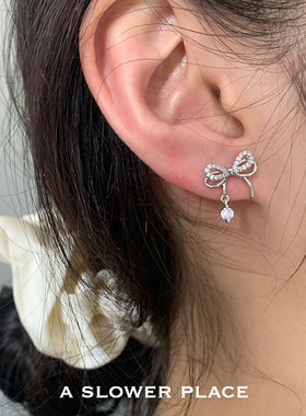 双层蝴蝶结 精致微镶高亮锆石温柔少女耳环 小众新款925银针