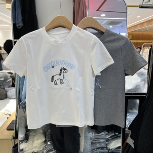 欧洲站2026春季新款女士圆领卡通刺绣辣妹风短袖T恤欧货时尚上衣