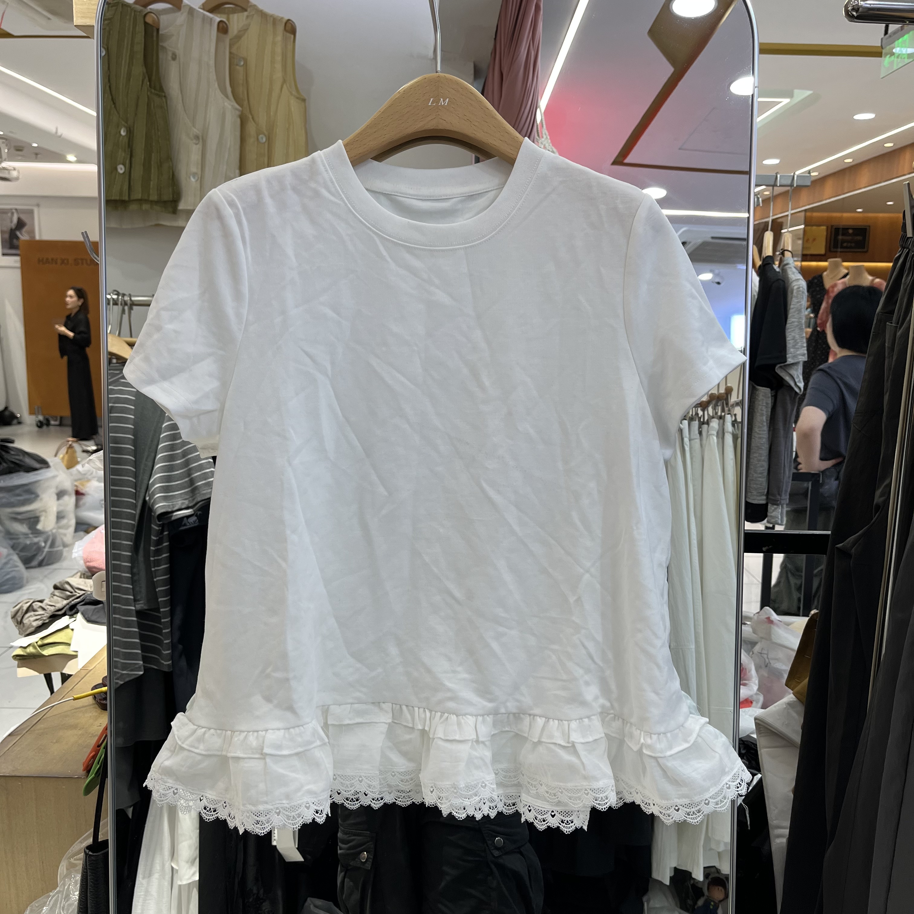 欧洲站2026夏季新款女士圆领下摆蕾丝拼接韩版短袖T恤欧货上衣潮