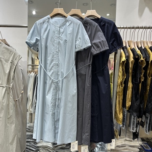 欧洲站2026夏季新款女士圆领系带纯色短袖连衣裙欧货时尚衬衫裙潮