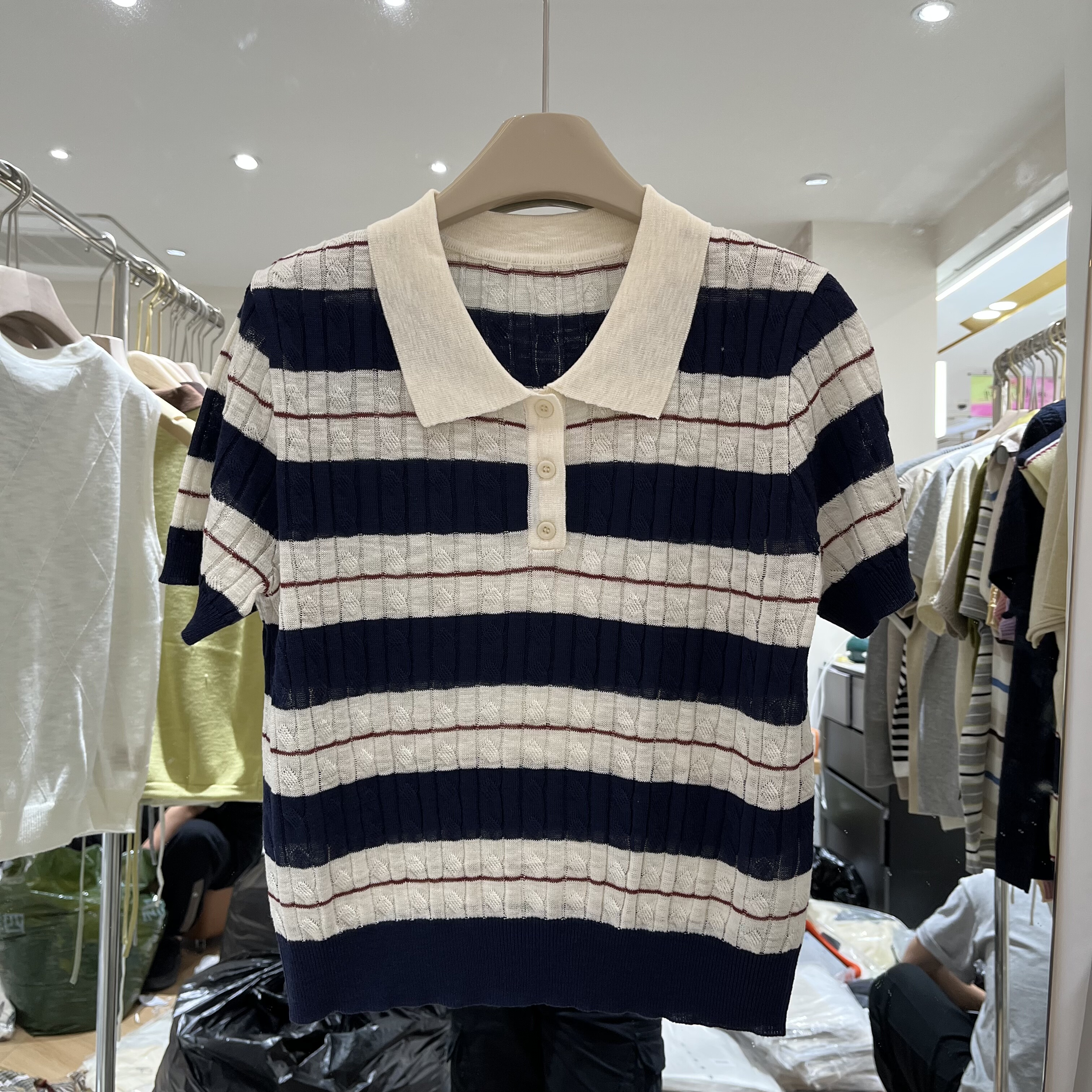 欧洲站2026春夏新款女士翻领麻花纹条纹拼色竹节麻短袖欧货针织衫