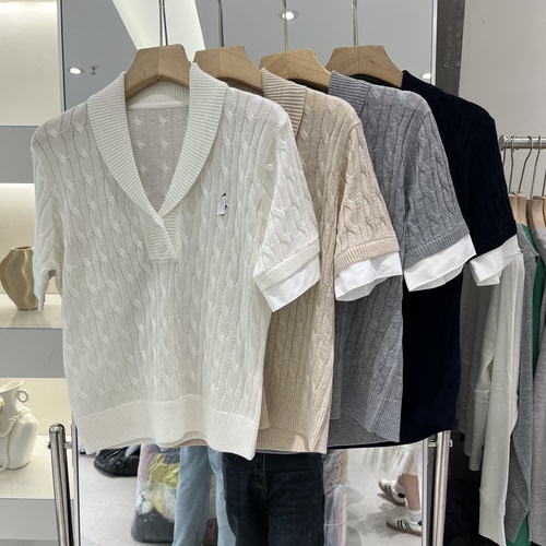 欧洲站2026春季新款女士青果领麻花纹桑美丝羊毛短袖欧货时尚针织