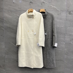 欧洲站2025冬季新款女士立领双排扣中长款双面羊绒大衣时尚外套潮