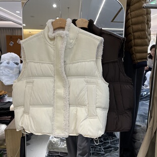 欧洲站2025秋冬新款女士立领PU皮羊羔毛拼接羽绒服马甲欧货短外套