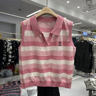 欧洲站2025夏季 新款 女士Polo领胸口刺绣条纹竹节麻无袖 欧货针织衫