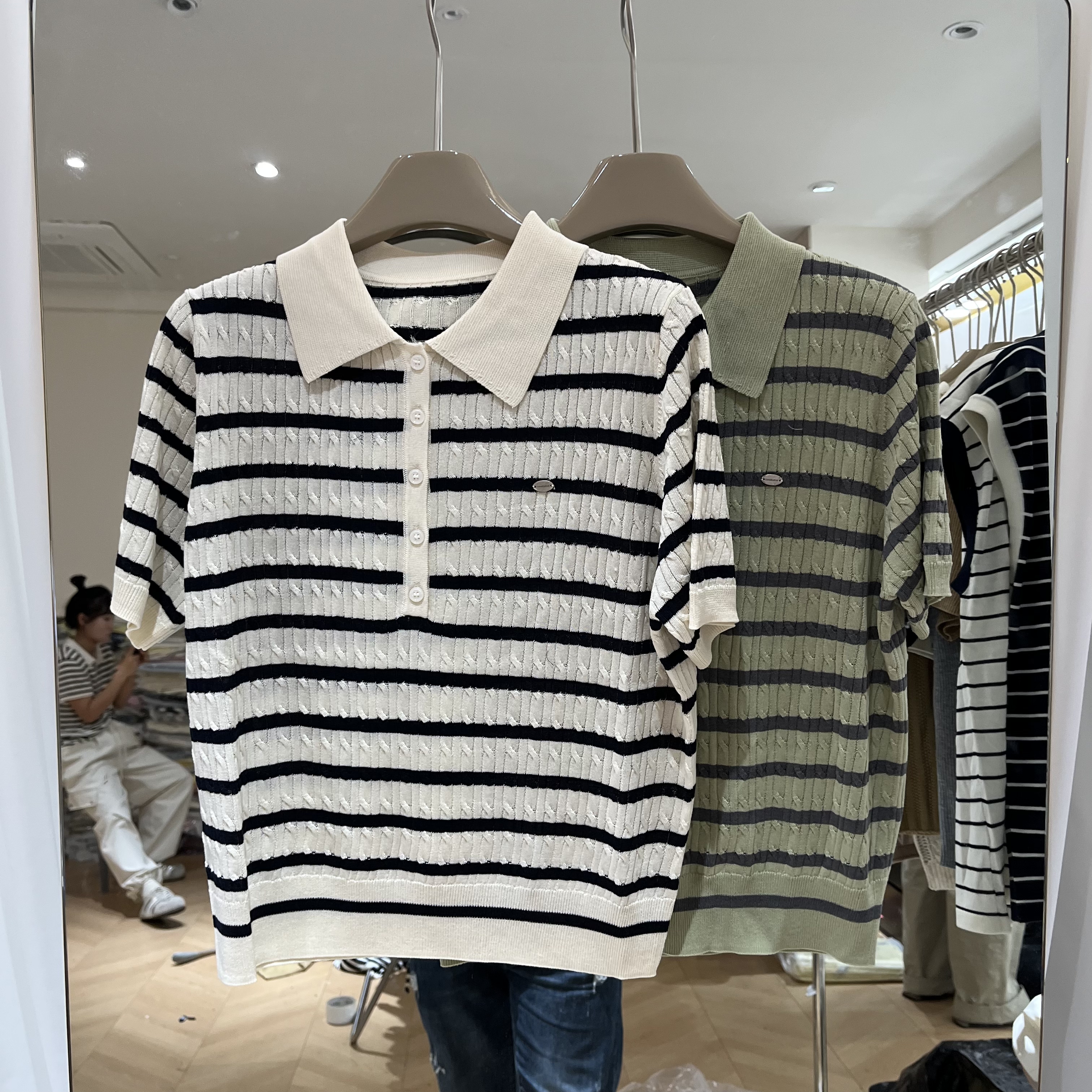 欧洲站2026春夏新款女士Polo领麻花纹拼色冰丝短袖欧货时尚针织衫