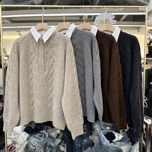 欧洲站2025秋冬新款女士衬衫领拼接麻花纹全羊毛长袖欧货时尚针织