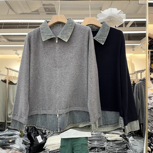 实体店同款2026秋季新款女士牛仔翻领拼接羊毛假两件开衫欧货针织