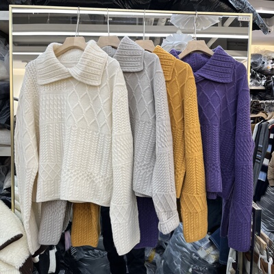 欧洲站2025秋冬新款女士翻领麻花纹全羊毛长袖毛衣欧货时尚针织衫