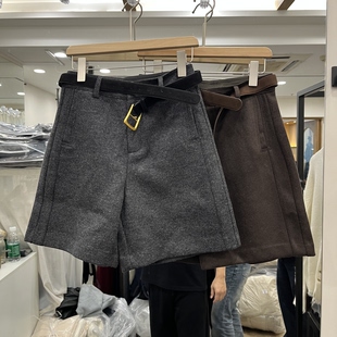 实体店同款2026秋冬新款女士高腰搭配腰带毛呢短裤欧货时尚五分裤