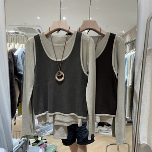 实体店同款2026早秋新款女士亚麻细羊毛长袖毛衣背心两件套针织衫