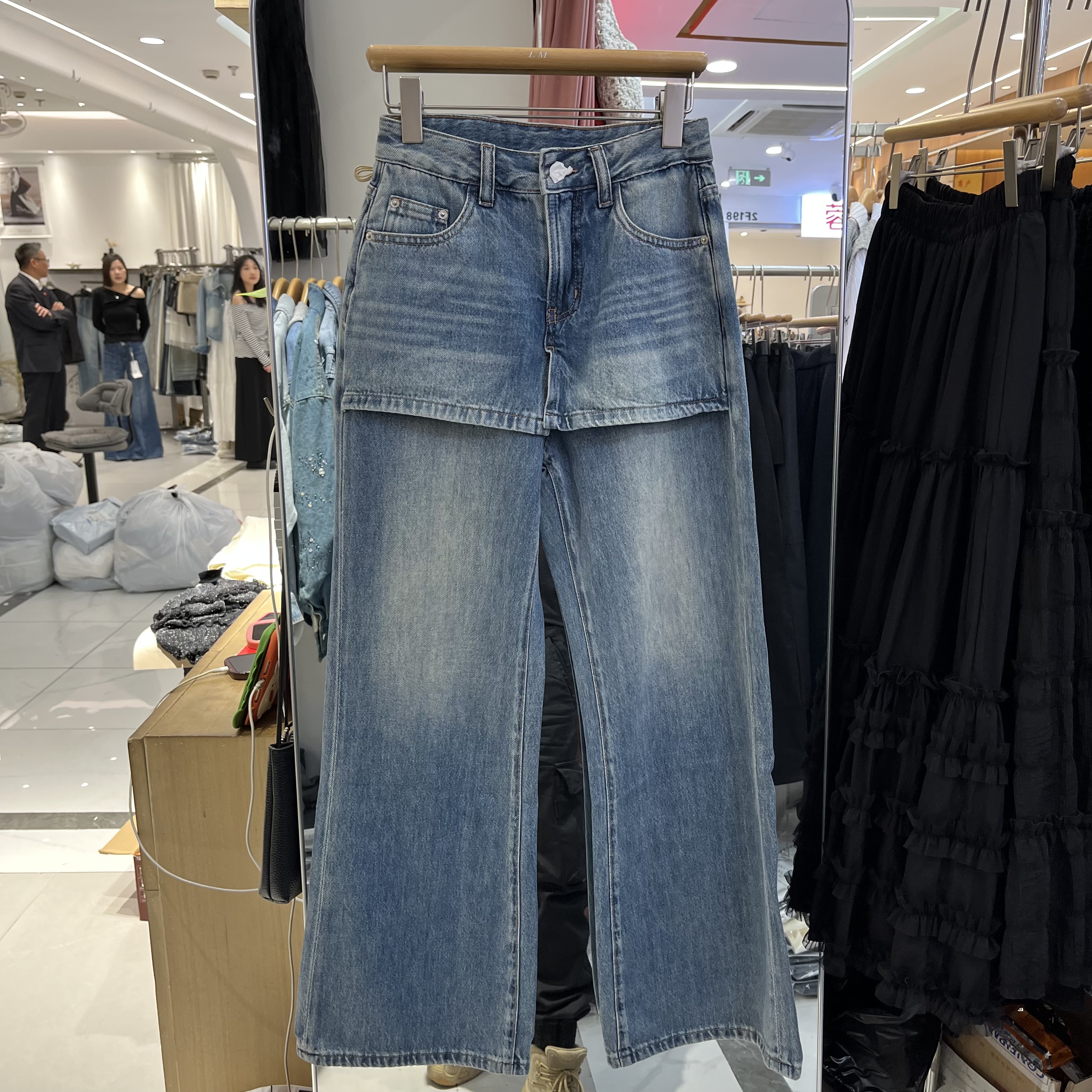 欧洲站2026春季新款女士高腰假两件阔腿牛仔裤欧货时尚显瘦长裤潮