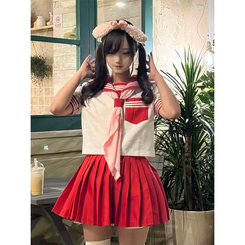 正版红色格裙日系学院风jk收腰短袖衬衫夏季原创上衣女百褶裙套装