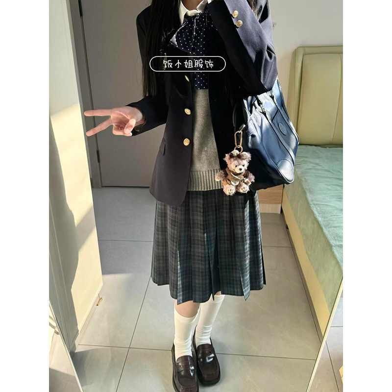 学院风JK制服西装绀色正肩西服外套秋冬叠穿深灰开衫毛衣海苔中裙