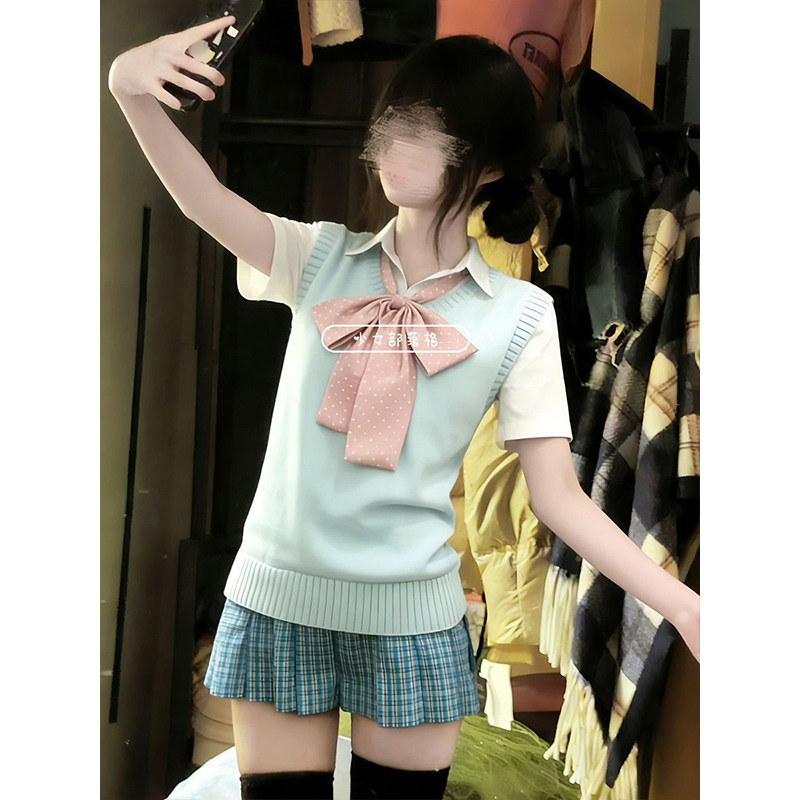 日系JK制服针织无袖背心马甲学院风短袖衬衫叠穿蓝格裙套装松蓝女,女装/女士精品,时尚套装,淘宝优惠券,粉丝福利购,淘宝优惠卷