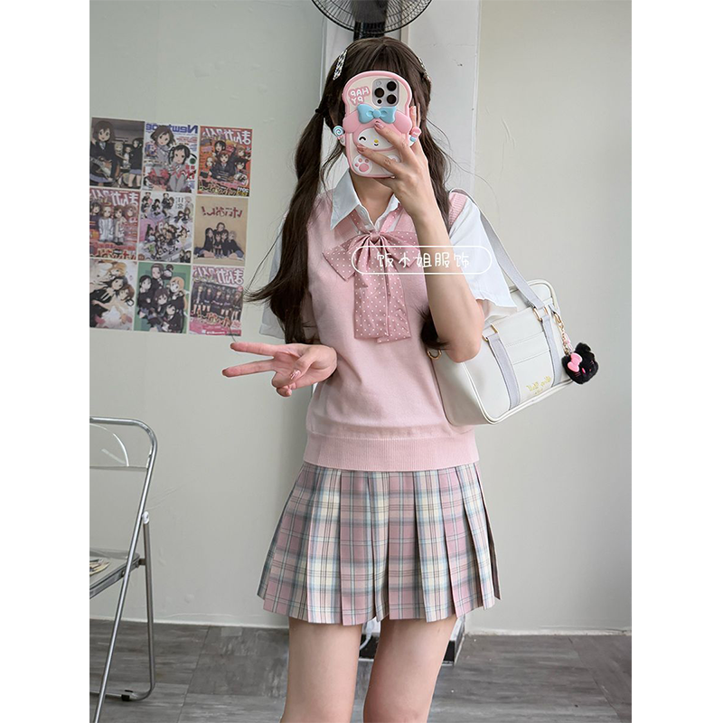 日系JK制服针织衫甜美学院风纯色套头毛衣马甲背心短袖衬衫jk格裙