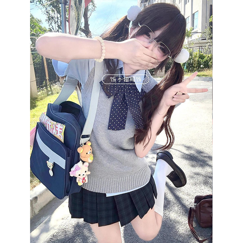 日系JK制服针织衫甜妹套装v领纯色套头马甲背心夏jk格裙短裙套装