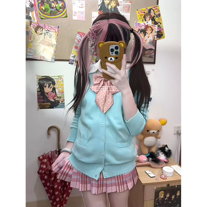校供感穿搭JK制服减龄樱花妹针织毛衣开衫软妹衬衫百褶格裙女套装