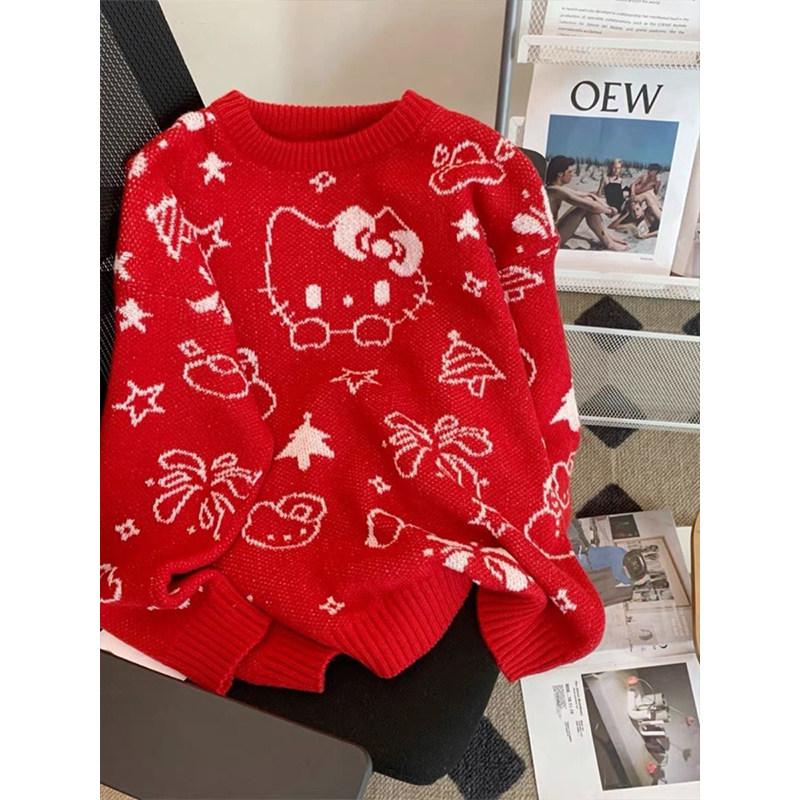 圣诞战袍哈喽kt猫提花圆领针织衫毛衣秋冬慵懒风红色刺绣围巾套装,女装/女士精品,时尚套装,淘宝优惠券,粉丝福利购,淘宝优惠卷