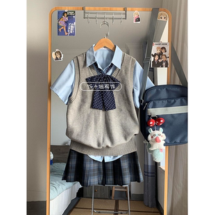 原创JK制服针织衫 女 无袖 马甲背心v领套头毛衣学院风海苔格裙套装