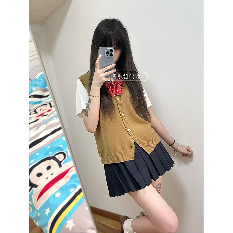 JK制服开衫棕色马甲背心2025夏季学院风漫感上衣百搭绀色JK裙整套