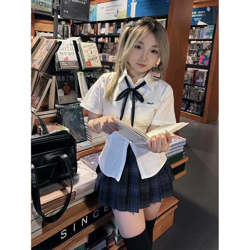 JK制服学院风小岛短袖白色衬衫百搭冈梨田格裙原创夏季款原创套装
