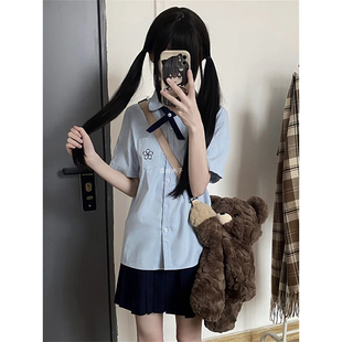 新款 基础款 夏季 绀JK短裙套装 衬衫 学院风日系原创短袖 蓝色刺绣衬衫