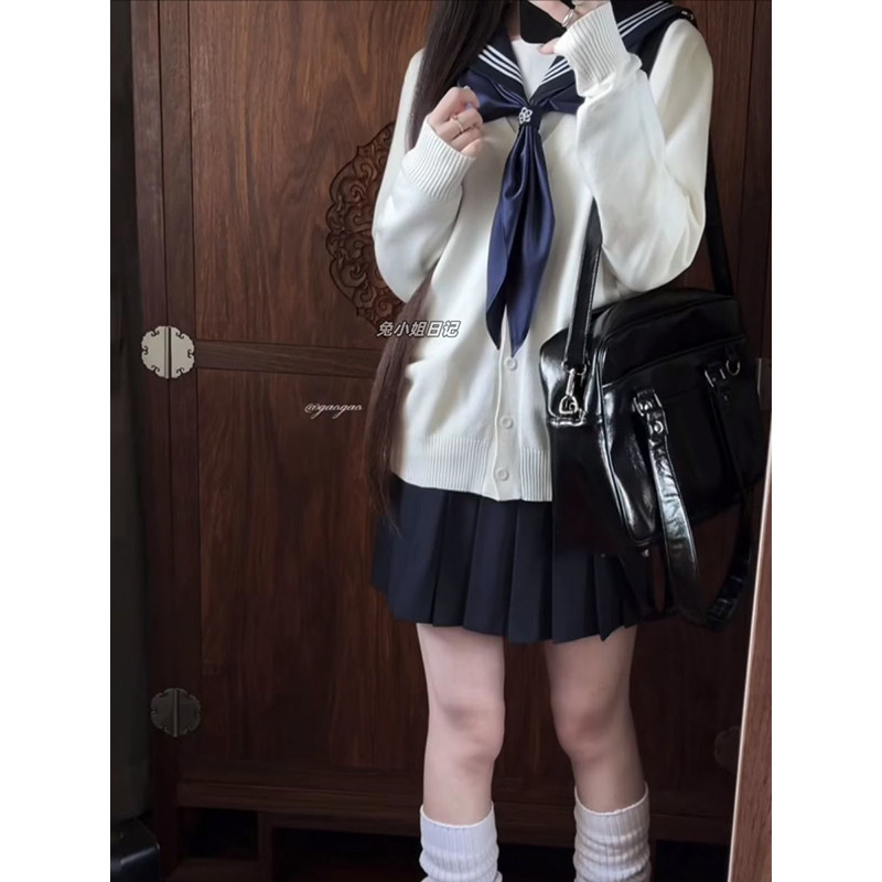 原创JK制服V领针织毛衣白色开衫校供学院风穿搭外穿绀Jk裙一整套